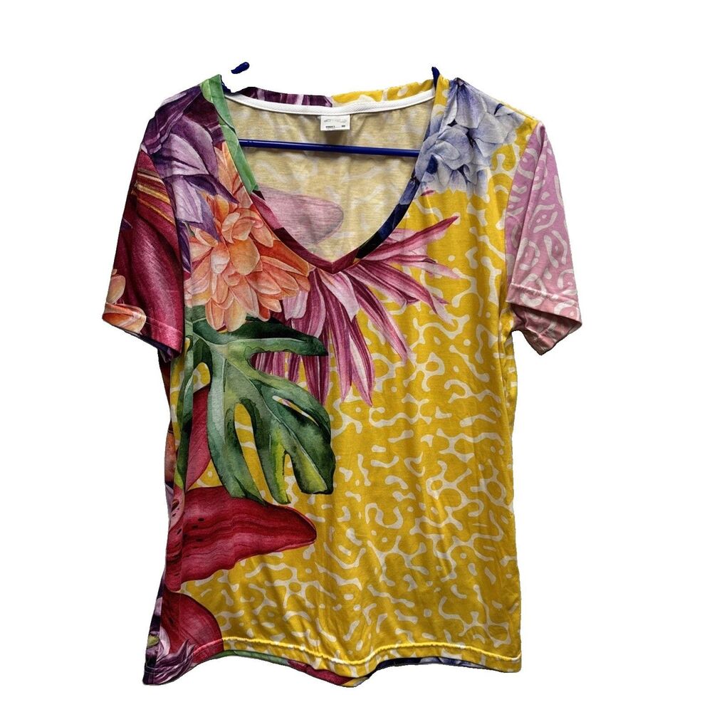 Dressed In Joy Top Colorful Floral Print V Neck Short Sleeve 1X Stretch Pullover